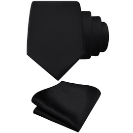 GUSLESON Black Tie Set for Men Formal Business Silk Blend Necktie and Pocket Square Set for Wedding (6110-24)