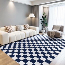 Terrug Navy and White Checkered Rug for Bedroom,3x5 Area Rugs Washable with Non Slip for Living Room,Soft Low Pile Stain Resistance Retro Carpet for Dorm Kids Room