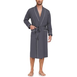 COLORFULLEAF Men's Bathrobe Made of 100% Cotton Lightweight Sauna Dressing Gown Men Travel Bathrobe Sauna Gown with Pocket, Iron grey, M