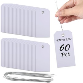60 Pcs Tags with String Waterproof Tags, PLULON 4 3/4" x 2 3/8" White Shipping Labels Tags for Labeling Waterproof Hang Tags Bulk Writable Blank Tags Name Price Tag for Inventory Luggage Clothing