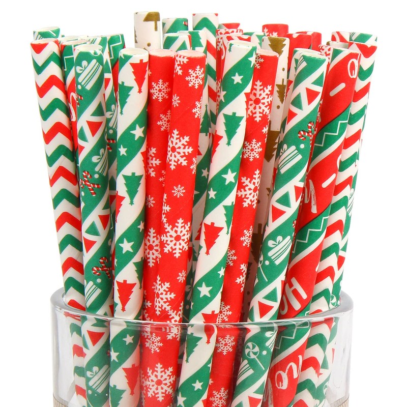 VEYLIN 150 PCS Christmas Paper Straws, Biodegradable Paper Straws for