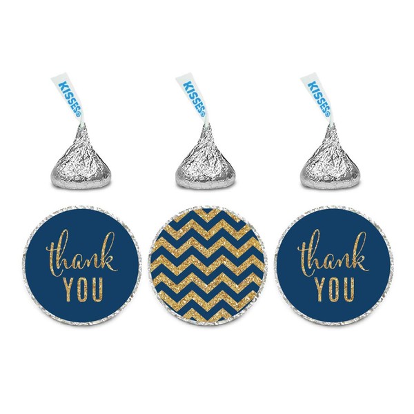 Andaz Press Gold Glitter Print Chocolate Drop Labels Stickers, Thank You Chevron, Navy Blue, 216-Pack, Not Real Glitter, for Kisses Party Favors