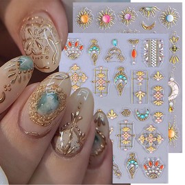 2 Sheets Sun Moon Nail Stickers 5D Embossed Bohemian Style Nail Art Stickers Self-Adhesive Gold Lace Lines Gems Stars Design Nail Art Supplies Star Nail Decals for Women Girls Acrylic Nail Salon DIY