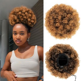 YEAME Afro Puff Drawstring Ponytail for Black Women, Short Kinky Curly Afro Ponytail Synthetic Hair Puffs, Premium Black Afro Bun Drawstring Ponytail for Women Girls （1B30 Black to Auburn Brown）