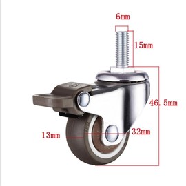 Pack of 4 Swivel Castors for Furniture M6 x 15 mm with Thread 32 mm Soft Rubber TPE Thread Mini Castors Furniture Castors (2 Pieces with Brake) (32 mm)