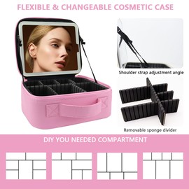 MORMID Travel Makeup Bag with LED Lighted Mirror, Travel Makeup Organizer,3 Color Setting Cosmetic Makeup Box, Adjustable Dividers and Brush Holder（Dark Pink）