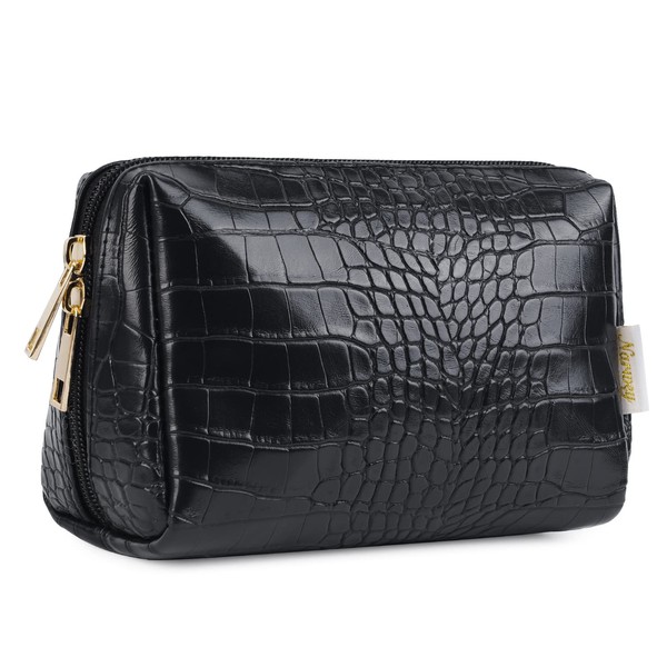 Narwey Travel Cosmetic Bag Makeup Bag Leather Makeup Bag Large Bag for Women, A-Black