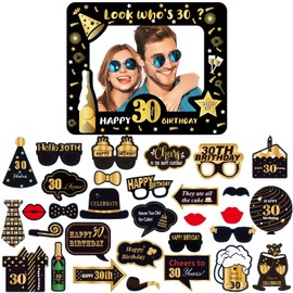 Black Gold 30th Brithday Party Decorations for Women Men,Giant Inflatable Selfie Frame 30th Birthday Photo Booth Frame with 32pcs 30th Birthday Photo Booth Props for Ladies Him Her 30th Birthday Gifts