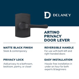Delaney Callan Hardware Artino Privacy Door Handle, Fits Door 1-3/8 to 1-3/4 in. Thick, Black – Reversible Left/Right-Handed Bed & Bathroom Push Button Door Lever – Easy to Install