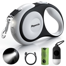 Retractable Dog Leash with LED Flashlight, Douexio Upgrade 3 in 1 Dog Leash Retractable for Small Medium Dogs Up to 66 lbs, 16ft, Anti-Slip Handle,One-Handed Brake (White)