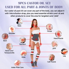 Castor Oil Pack Wrap, 9 Pcs Organic Castor Oil Packs Kit for Entire Body Neck Shoulder Waist Back Hand Knee Leg and Feet, Reusable Pads Kit for Hot/Cold Castor Oil Compress for Woman/Man【Grey】