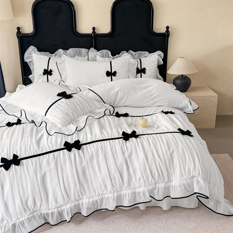 Ruffle Beddding Set with Bowtie,Chic Lace Bedding,Girls Twin Aesthetic Comforter