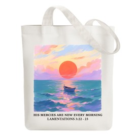 ANATTASOUL Canvas Tote Bag Sunrise and Boat Reusable Cotton Bag for Women, Durable Cloth Shoulder Bags with Zipper Pockets for Shopping, Vacation, Work, Gym
