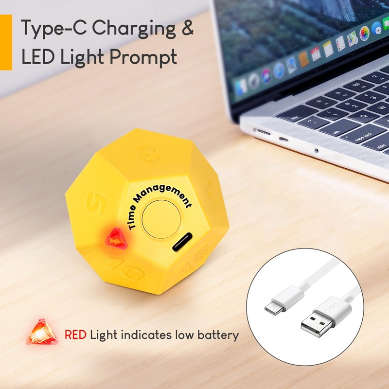 Yellow Pomodoro Timer - 11 Preset Productivity Cube, Ring/Vibrate Mode,