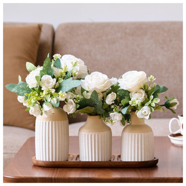 Jonronboci 3pcs Ceramics Jars with Artificial Rose Fake Flower and