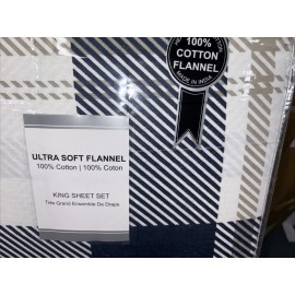 ULTRA SOFT FLANNELS KING Flannel Sheet Set 100% Cotton ULTRA  Soft, NAVY PLAID DESIGN  OEKO-TEX