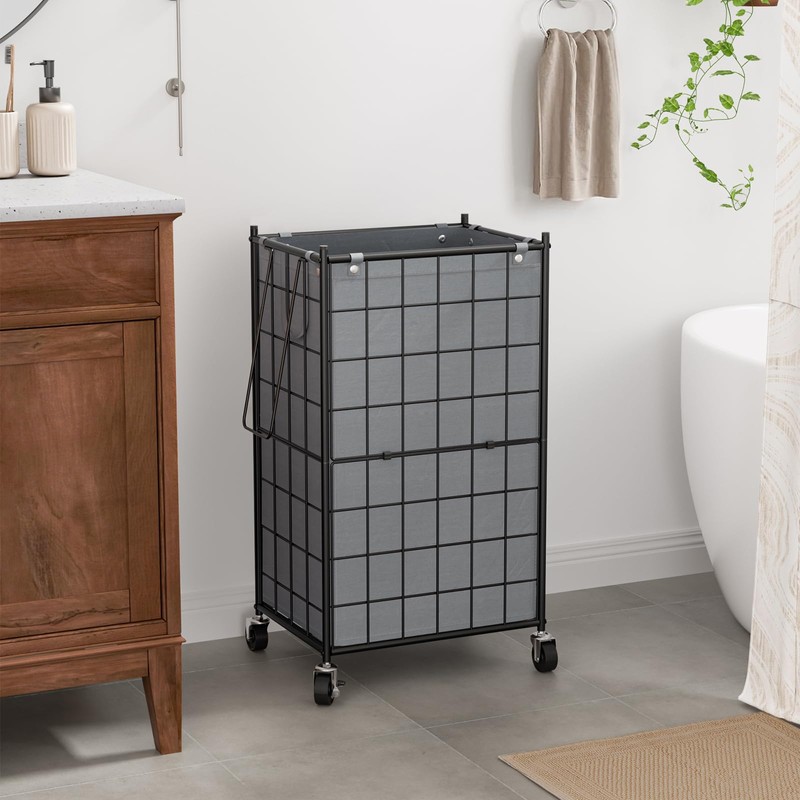 WOWLIVE Laundry Hamper with Wheels,Metal Wire Frame Rolling Laundry Basket