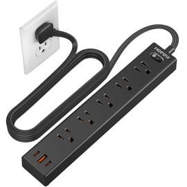 HOPOW HOPOW Flat Plug Power Strip, 6 Ft Ultra Thin Extension Cord, Surge Protector with 5 Outlets & 3 USB Ports (2 USB C), 1700 Joules, Wall Mount, Desktop Charging Station for Home Office Dorm, Black