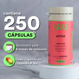 Suplemento Activa Vitamina D3 Wu Nutrition Energia Mejora Humor 250 Capsulas Sin Sabor Aceite De Cartamo 8 Meses de Consumo Bienestar
