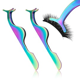 Wimpernpinzette Applikator, 2 Stück False Lash Pinzette, Edelstahl gebogene Spitze Fischschwanz künstliche Wimpern Clip, Volumen Wimpernverlängerung Tragen, Regenbogenfarben