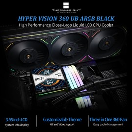 Thermalright Hyper Vision 360 UB ARGB Black CPU AIO Cooler,360mm Radiator, Magnetic Panel-IPS LCD Screen with 480x480 Resolution,for AM4/AM5;Intel LGA1851/1700,3.95in Screen High Performance Pump