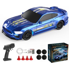 Moonzeamus 1/43 Mini RC Drift Car 2.4G Full-Proportional 4WD MetalChassis 15KM/H High Speed RC Racing Car Model with LED Lights and Barricade Barrels RTR (Blue)