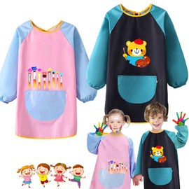 Weploda Pack of 2 Children's Painting Aprons, Painting Suit Children for Age 6-12 Years, Adjustable Craft Apron, Long Sleeves, Cartoon Painting Apron, Children, for School Art, Painting, Cooking,
