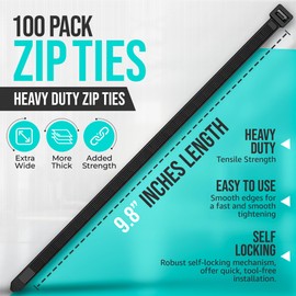 Black Cable Ties 250mm x 4.6mm (100 Pack) – Extra Strong Nylon Zip Ties, Heavy Duty Plastic Tie Wraps, Self-Locking & UV Resistant for Cable Management, DIY, Office, Home & Garden Use