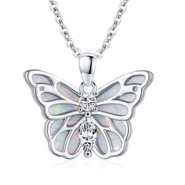TRISHULA Butterfly Necklace Sterling Silver Opal Animal Pendant CZ Necklace Butterfly Pendant Jewellery for Women and Girls, Sterling Silver, Opal