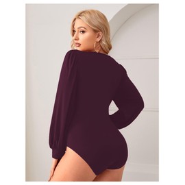 Milumia Women's Plus Size V Neck Long Sleeve Bodysuit Leotards Basic Shirts Jumpsuit Burgundy 2XL
