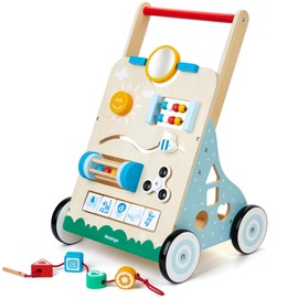Wooden Baby Walker, 10 in 1 Baby Activity Center Walker Adjustable Wood Toddler Walker Push Walker Toy for Boys and Girls (BW001)