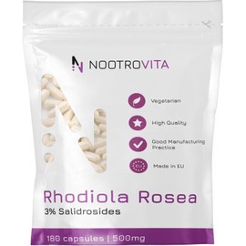 Rhodiola Rosea Hochdosiert 500mg - 180 Kapseln - Rosenwurz Wurzel Extrakt mit 3% Salidroside (15mg) | Vegan, Keine Künstlichen Füllstoffe, Allergen Frei | Nootrovita