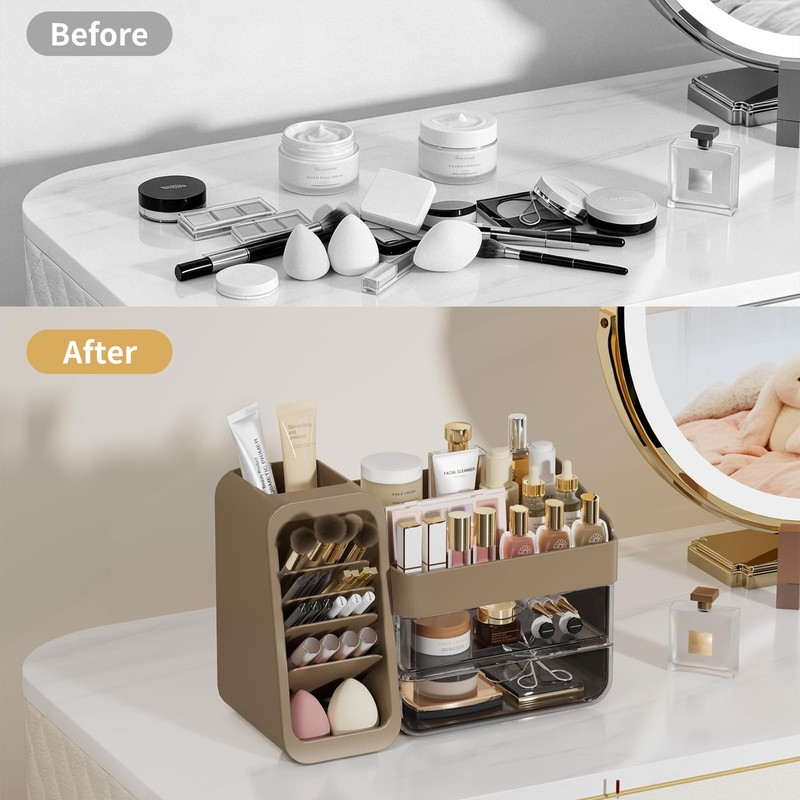 Makeup Organizer with Adjustable Brush Holder for Vanity, Large Skincare