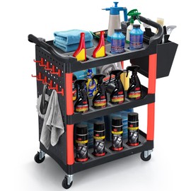DWVO Rolling Auto Detailing Cart with Wheels & Hanging Bucket, 3-Tier Organizer with Hooks & Long Hanging Panel, Car Wash Utility Cart for Garage, Workshop, Repair Shop, DIY Home (17" D x 33" W)