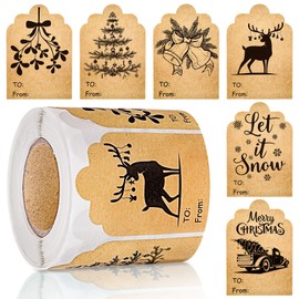 Whaline Christmas Kraft Gift Tag Stickers Vintage Xmas Tree Reindeer Bell Name Tag Labels 2 x 3 Inch Rustic Holiday Self-Adhesive Present Label for Xmas Party Craft Gift Wrapping, 300Pcs