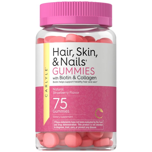 Carlyle Hair Skin and Nails Vitamins | 75 Gummies | with Biotin and Collagen | Gummy Supplement for Women | Strawberry Flavor | Non-GMO, Gluten Free