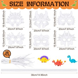 Woanger 36 Pcs Color Your Own Dinosaur Masks DIY Paper Masks Craft with Elastic Ropes for Cos Dinosaur Birthday Party Favors