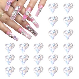 MECCANIXITY 20 Pcs 3D Heart Nail Charm Crystals Nail Gems 8x9mm Crooked Heart-Shape Art Rhinestone Charm for Valentine's Day DIY Decoration, AB Color