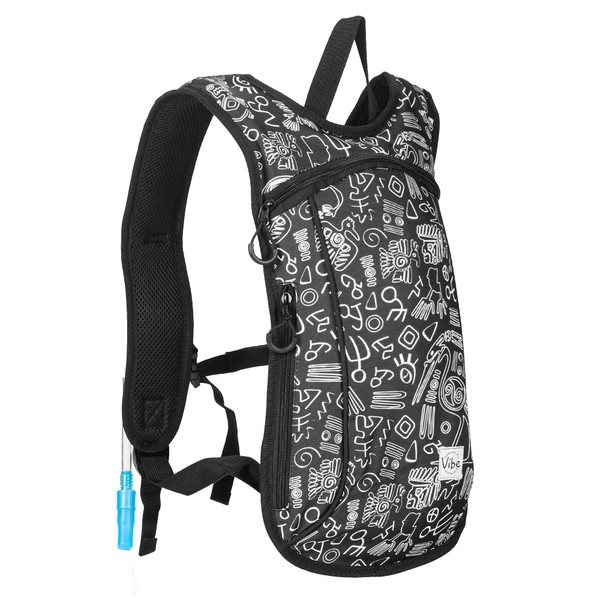 Vibe Hydration Pack Backpack with 2L Bladder for Women, Men, Teens, Kids - Sports, Outdoor, Running, Camping, Hiking, Festivals, Raves (Black&White)