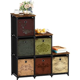 VASICAR 6 Drawers Pattern Organizations Storage Cabinet, Decorative Storage Cube Chest, Small Dresser, Stand Nightstand for Bedroom, Living Room, Closet, Entryway, Hallway, Nursery, Dorm-Wood Top