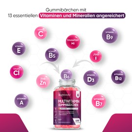 WeightWorld Multivitamin Gummibärchen - 120 Gummies mit 13 Vitaminen & Mineralstoffen - Für Erwachsene mit Jod, Vitamin C, A, D3, E, B9,B5, Biotin, Zink - Natürliche Zutaten & Mit Erdbeergeschmack - WeightWorld