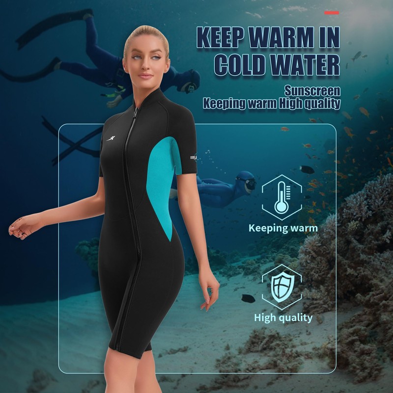 Jsnorklet 2mm Shorty Wetsuit Womens Front Zip Neoprene Diving Suit