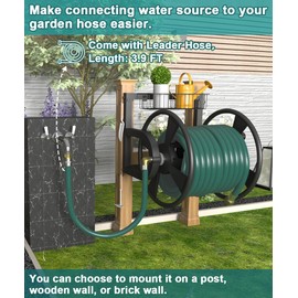 Artigarden Outdoor Wall Mounted Hose Reel with Hook, Garden Heavy-Duty Water Hose Holder Winder with 3.9 ft Leader Hose, Brass Fitting and Storage Basket for Yard, Holds 125 Ft of 5/8-Inch Hose, Black