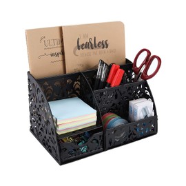 EasyPAG Office Metal Desk Tidy Versatile Stationery Storage Desktop Sticky Note Organiser Pen Holder with Drawer,Black