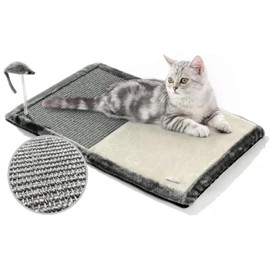 Happi N Pets Cat Scratcher Mat, 3 in 1 Foldable Sisal Mat for Small & Medium Cats, Portable Natural Scratcher with Memory Foam Bed & Interactive Toy, Rectangular, Grey