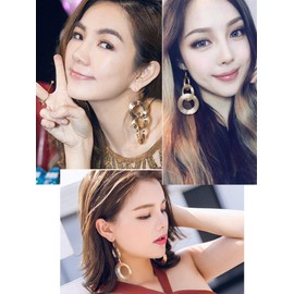 KaFu Handmade statement 3 circles earrings 16K Gold Plated Long 70s Disco Drop Dangle Earrings Hook Earrings for Women Gold Plated Long Lightweight (Gold)