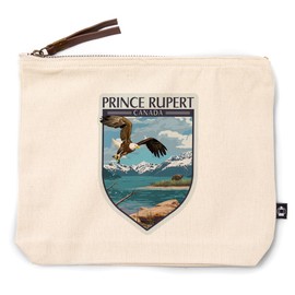 Prince Rupert, Canada, Painterly, Bay Scene, Bald Eagle and Bear, 100% Cotton Zipper Pouch, Travel Accessory, Go Bag