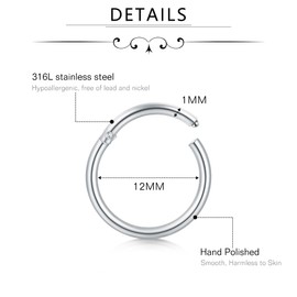 D.Bella Hinged Nose Ring Lip Helix Septum Tragus Helix Rook Silver Nose Ring Hoop Earrings Piercing 18G for Women Men