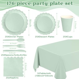WNINK 176 PCS Sage Green Party Supplies Set, Sage Green Scalloped Disposable Plates, Napkins, Cups, Plastic Spoons, Forks, Knives for Birthday, Baby Shower, Gender Reveal – Serves 25 Guests