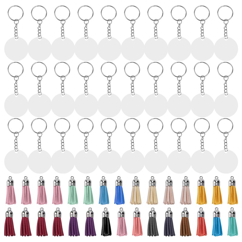 30Set DIY HandPainted Acrylic Keychain Blanks Circles Keychain Tassel Set